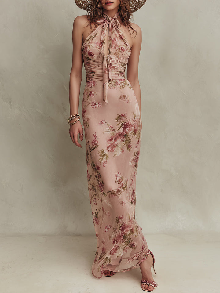Lia | Robe maxi en mousseline à imprimé floral élégant et encolure goutte d&