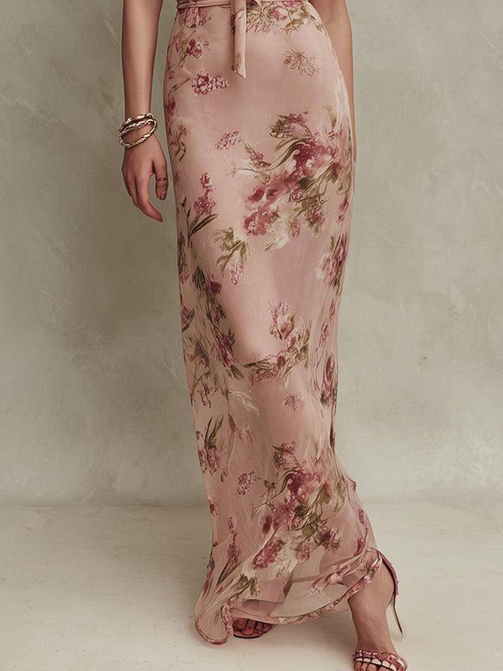 Lia | Robe maxi en mousseline à imprimé floral élégant et encolure goutte d&