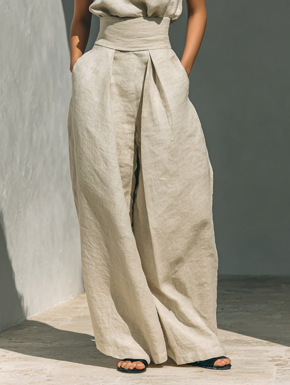 Aurora | Ensemble deux pièces beige en lin avec haut sans manches et pantalon large