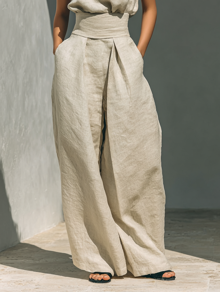 Aurora | Ensemble deux pièces beige en lin avec haut sans manches et pantalon large