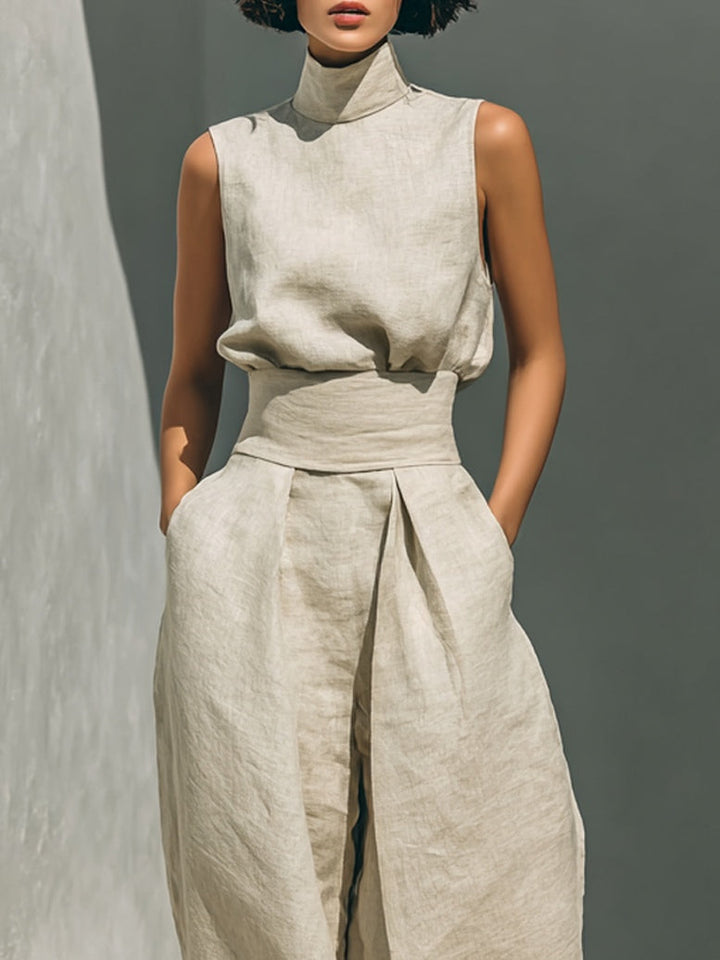 Aurora | Ensemble deux pièces beige en lin avec haut sans manches et pantalon large