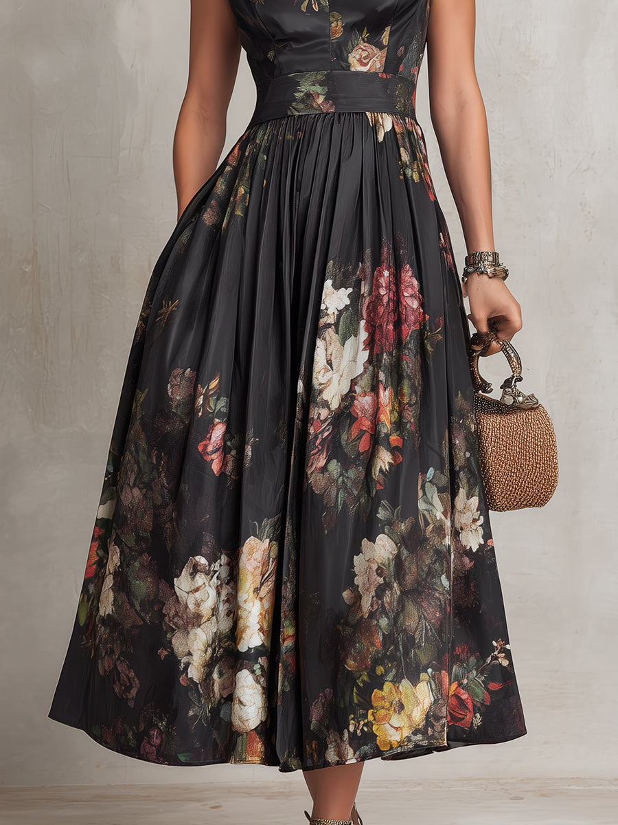 Violette | Robe midi en satin plissé noir à imprimé floral et encolure goutte d&