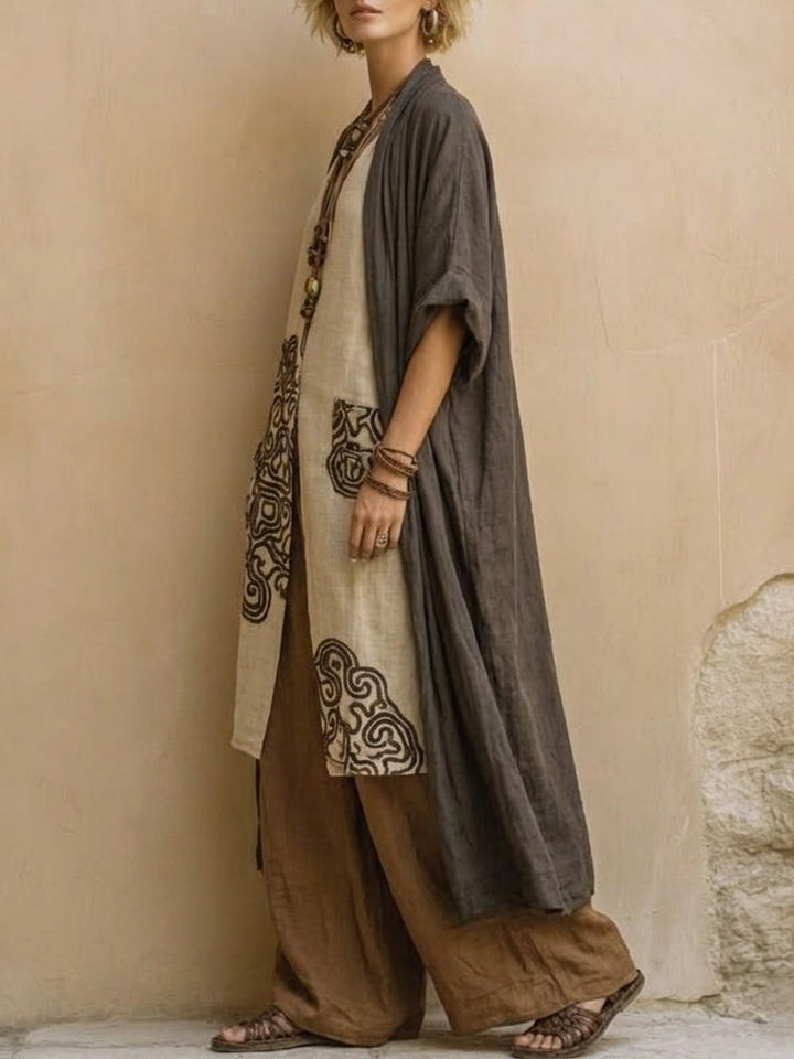 Juliette | Ensemble trois pièces nomade bohème gris foncé et marron à motif tribal