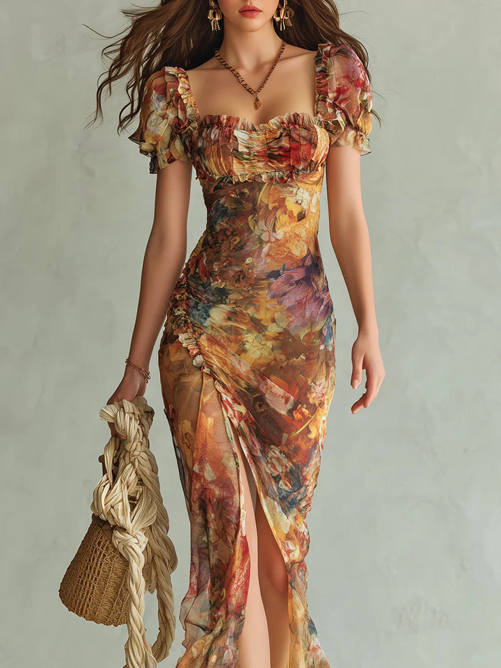 Violette | Robe maxi en mousseline orange à imprimé peinture à l&