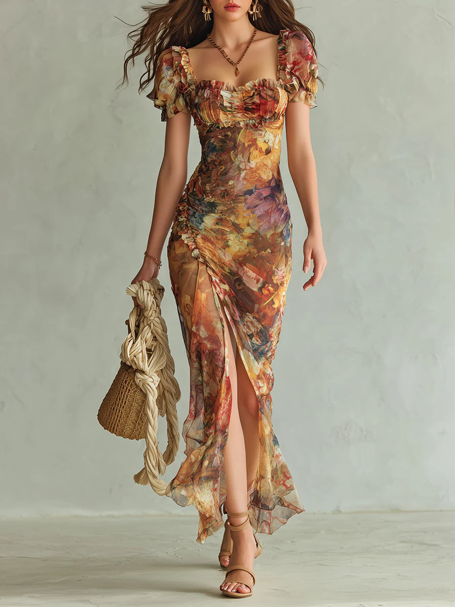 Violette | Robe maxi en mousseline orange à imprimé peinture à l&