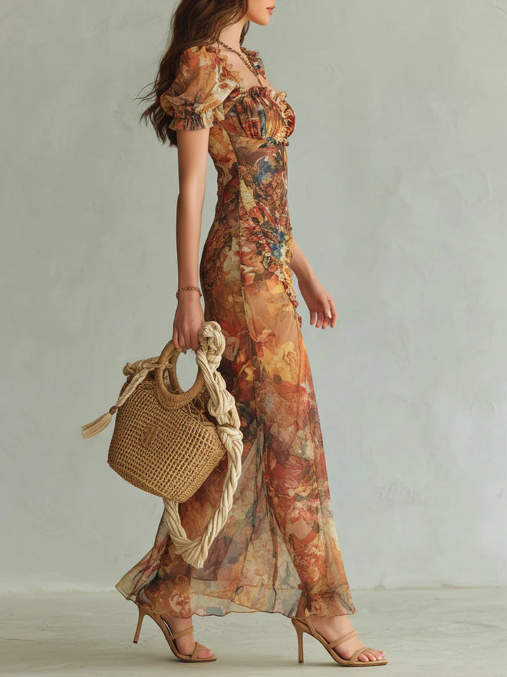 Violette | Robe maxi en mousseline orange à imprimé peinture à l&