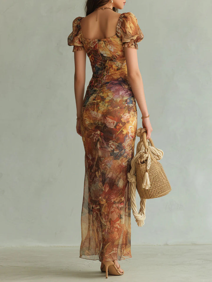 Violette | Robe maxi en mousseline orange à imprimé peinture à l&