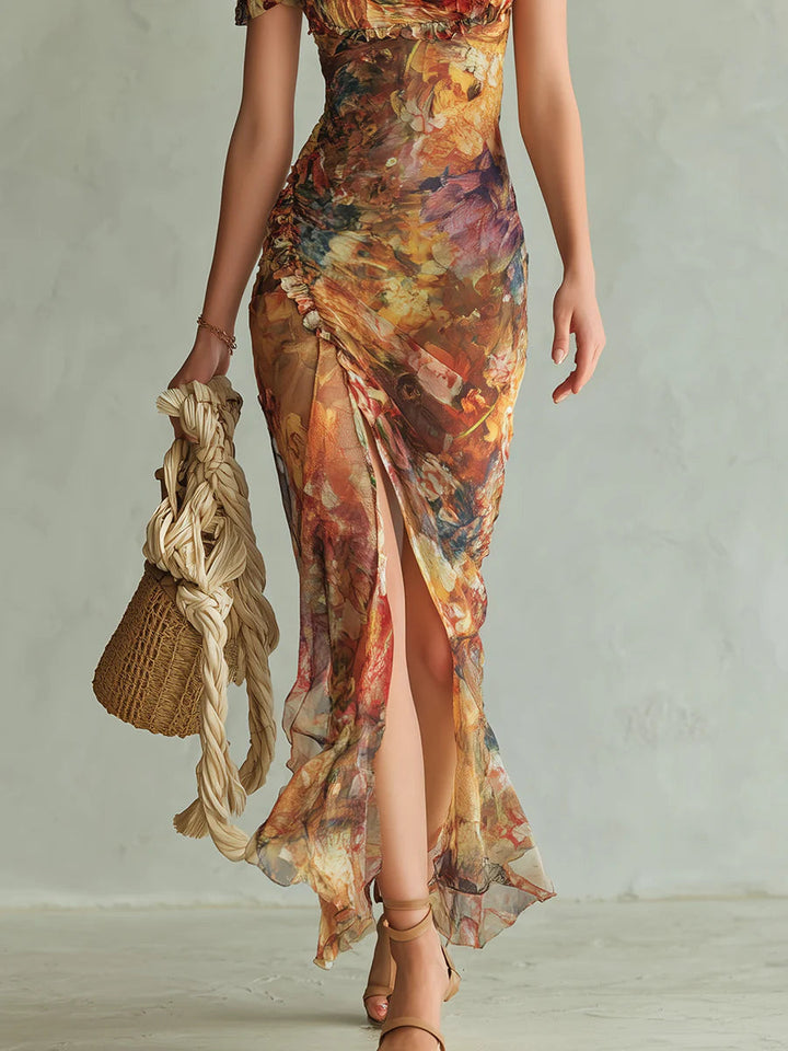 Violette | Robe maxi en mousseline orange à imprimé peinture à l&